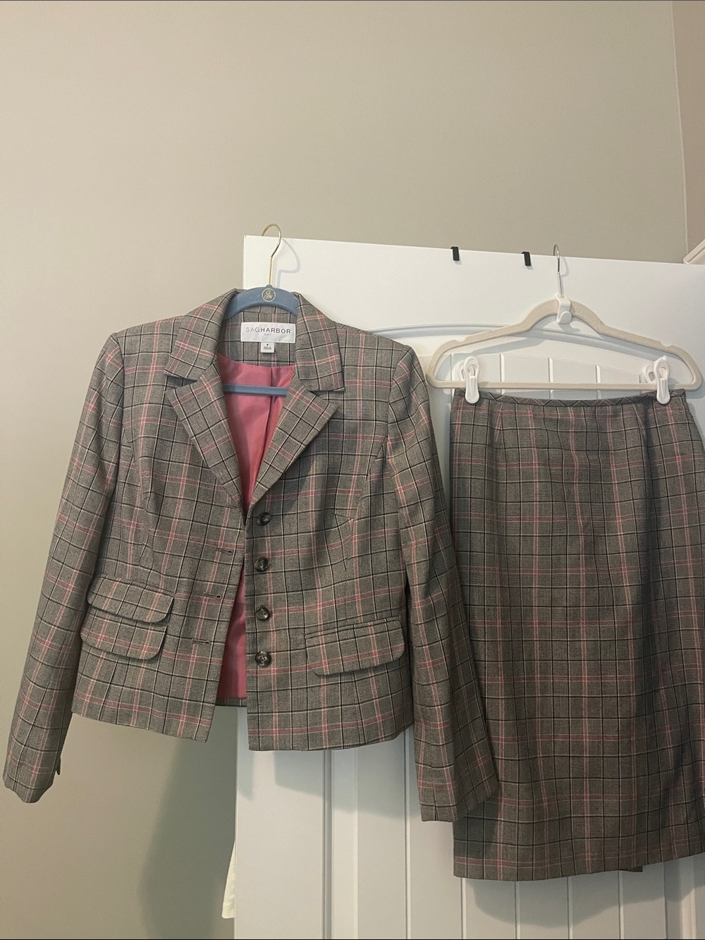Sag Harbor Gray Plaid Jacket and Skirt with Pink Accents
